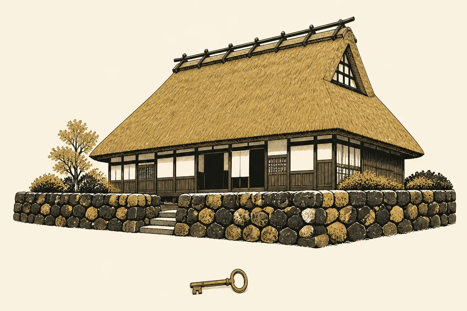 熊本県の民泊許可ガイド。石垣を巡らせた茅葺の農家、手前に金色の鍵