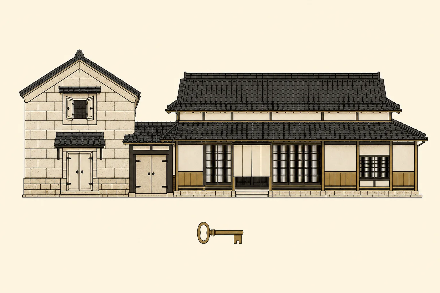 栃木県の民泊許可ガイド。大谷石の蔵と母屋、手前に金色の鍵